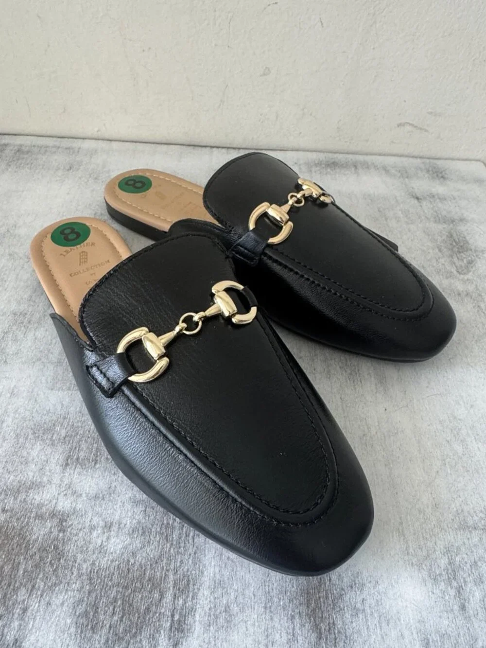 Black Leather Slide Mules with Gold Bit Accent Sz.8